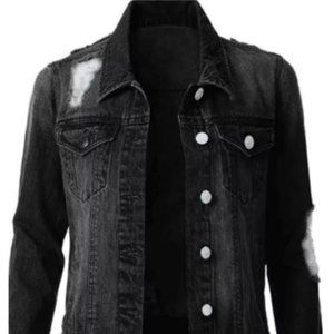 Black Solid Denim Ripped Jacket